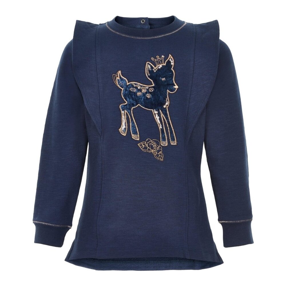 Navy Blue Fleece Tunic with Deer Embroidery